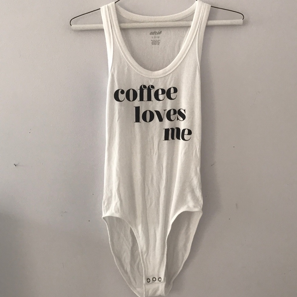 Aerie Ribbed White Coffee Loves Me Bodysuit